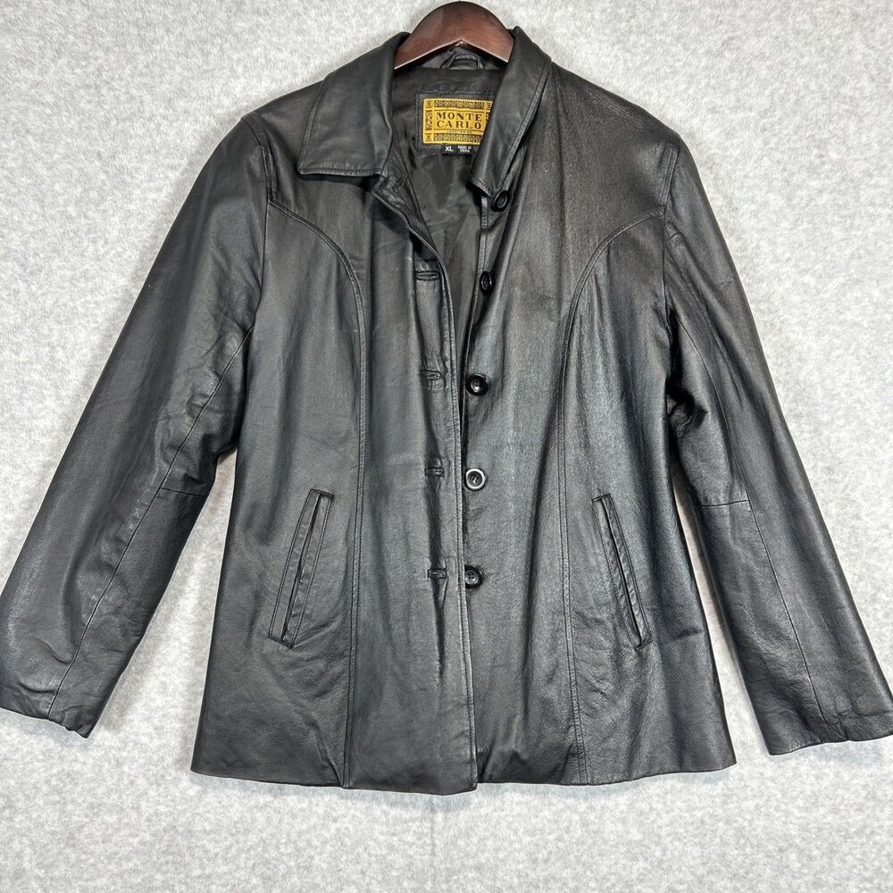 Vintage Monte Carlo Womens Leather Car Coat Jacket Button Front Lined Y2K XL Blk